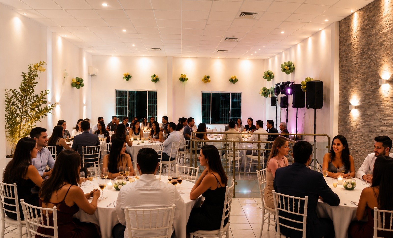 Invitados conviviendo en las mesas del salón de GM Eventos durante una fiesta