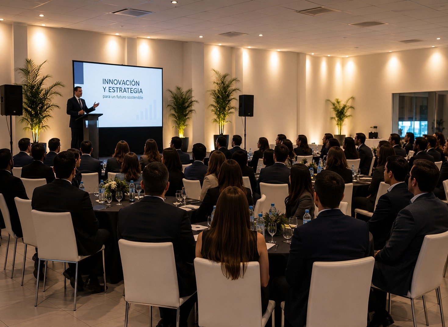 Evento de empresa en el salón, con las sillas alineadas frente a la pantalla de la presentación