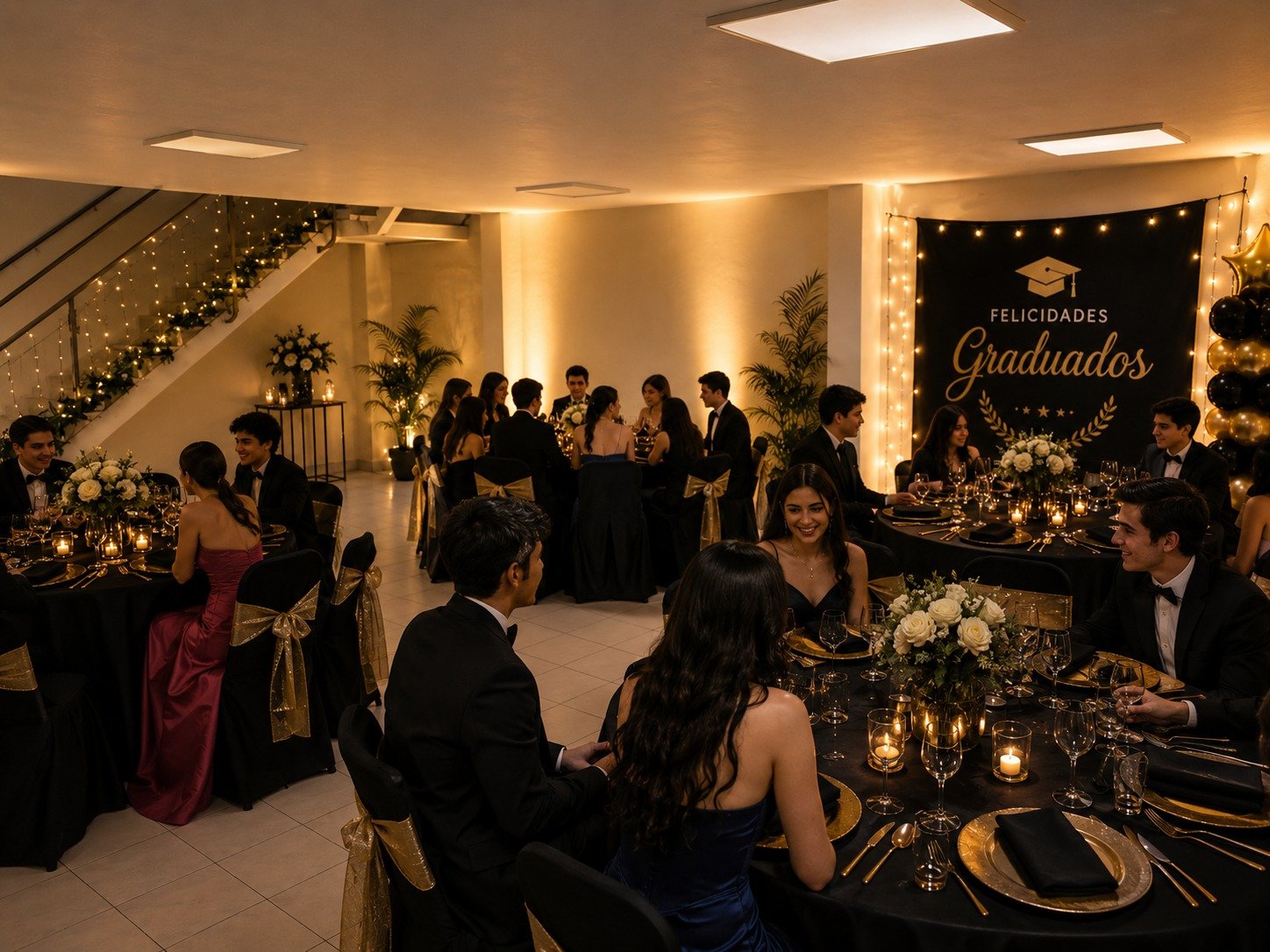 Salón montado para una graduación, con mesas vestidas y decoración temática