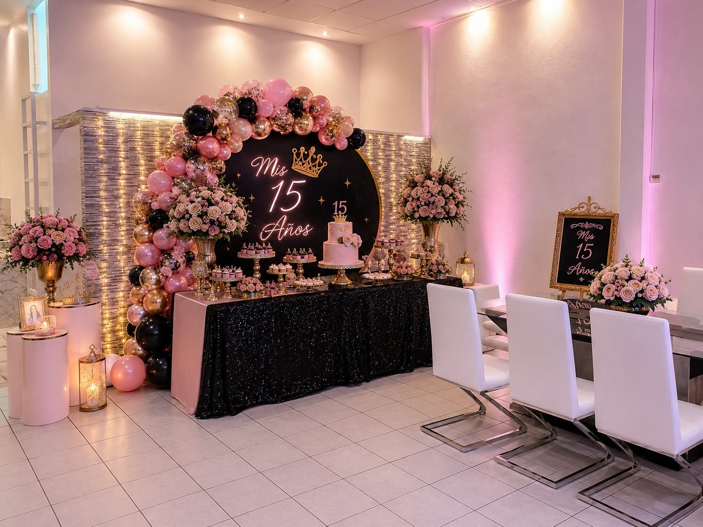 Salón montado para una fiesta de XV años, con mesas vestidas y pista al centro