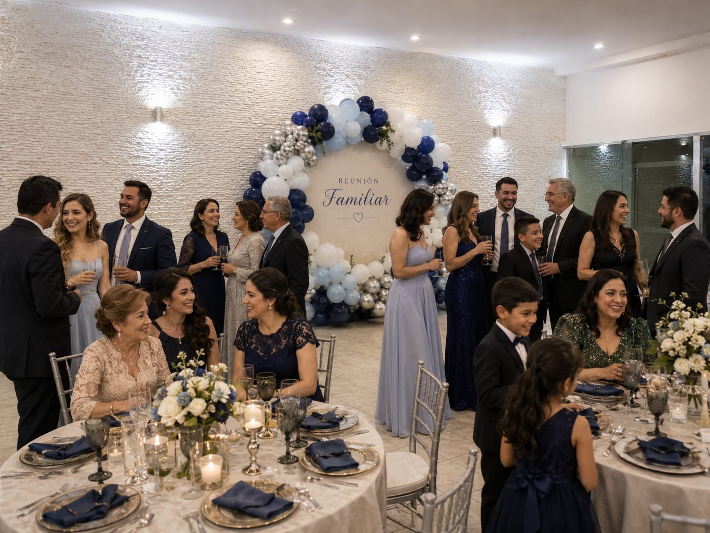 Familias reunidas alrededor de las mesas del salón durante una celebración