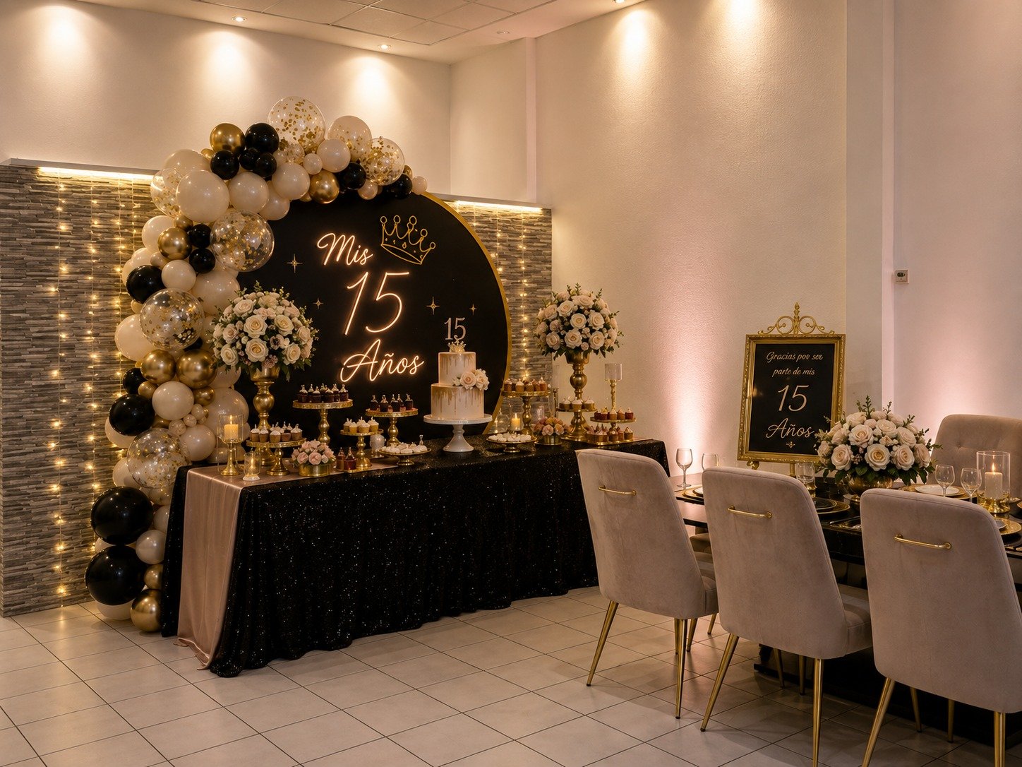 Mesa de honor de unos XV años, con arco de globos dorados y negros y letrero de «Mis 15 Años»